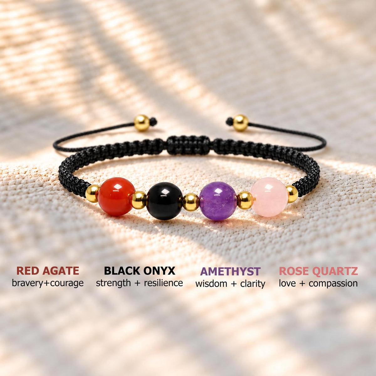 red agate black onyx amethyst and rose quartz bracelet, courage strength wisdom and love