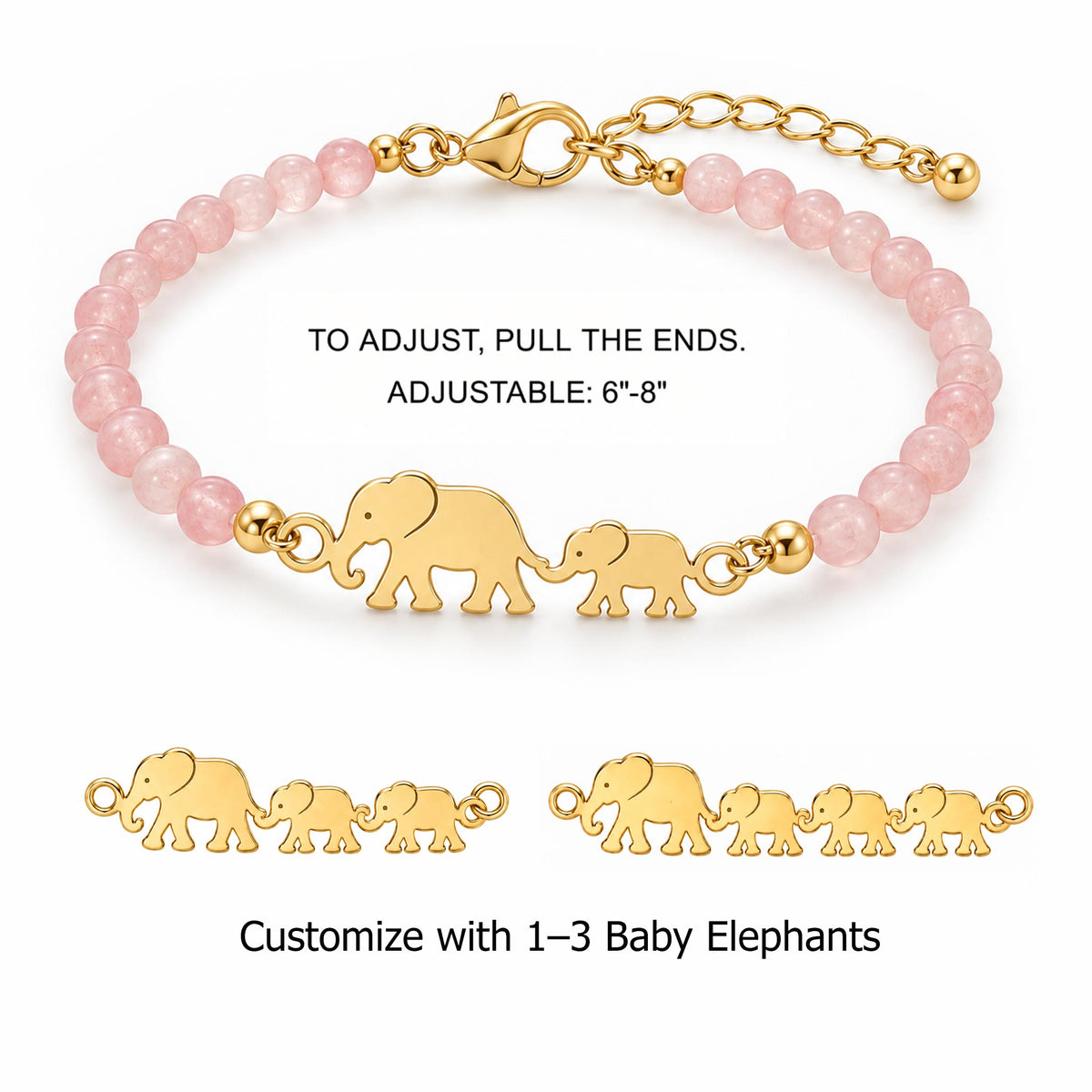 baby elephant bracelet with rose quartz, unconditional love gemstone jewelry