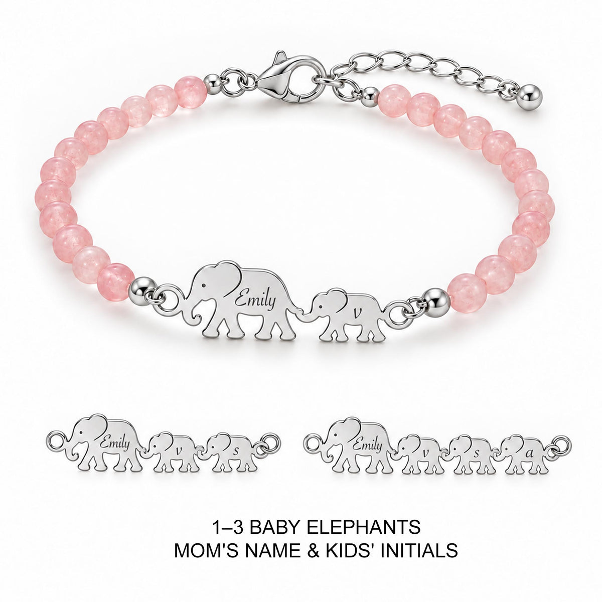 personalized elephant bracelet with name and initials, rose quartz motherhood jewelry-silver