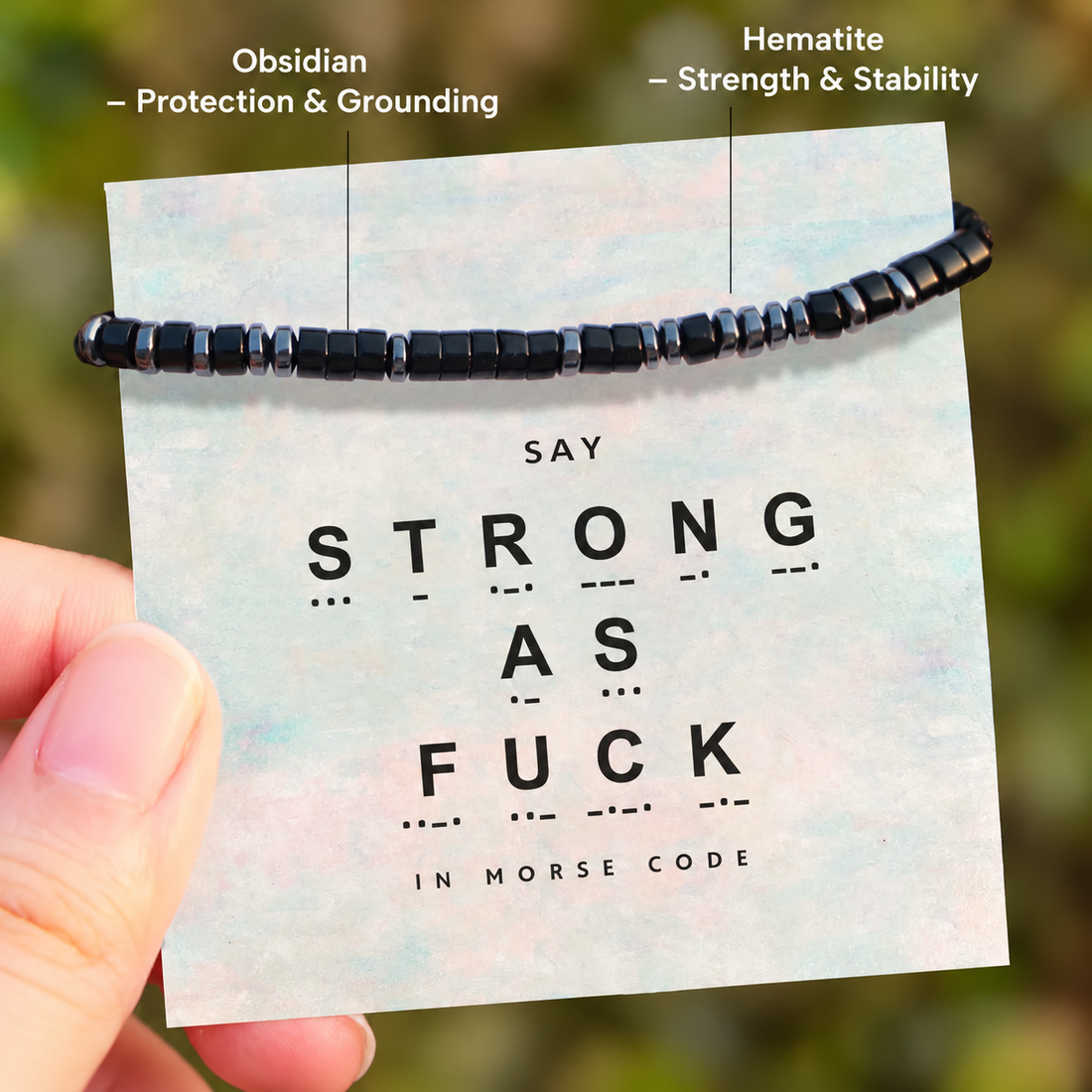obsidian strong as fuck morse code bracelet, strength and protection jewelry