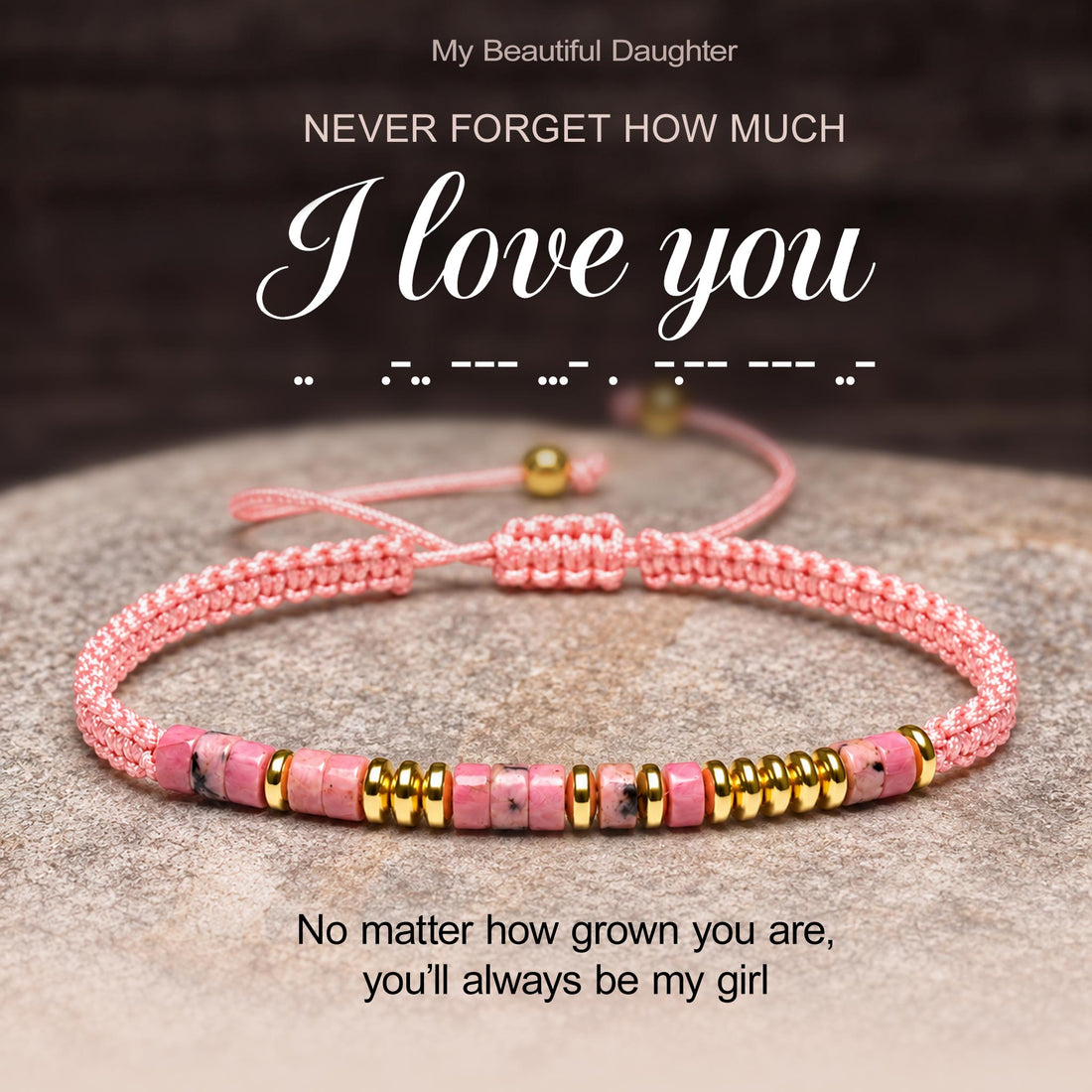 rhodonite i love you morse code bracelet, love message bracelet for her