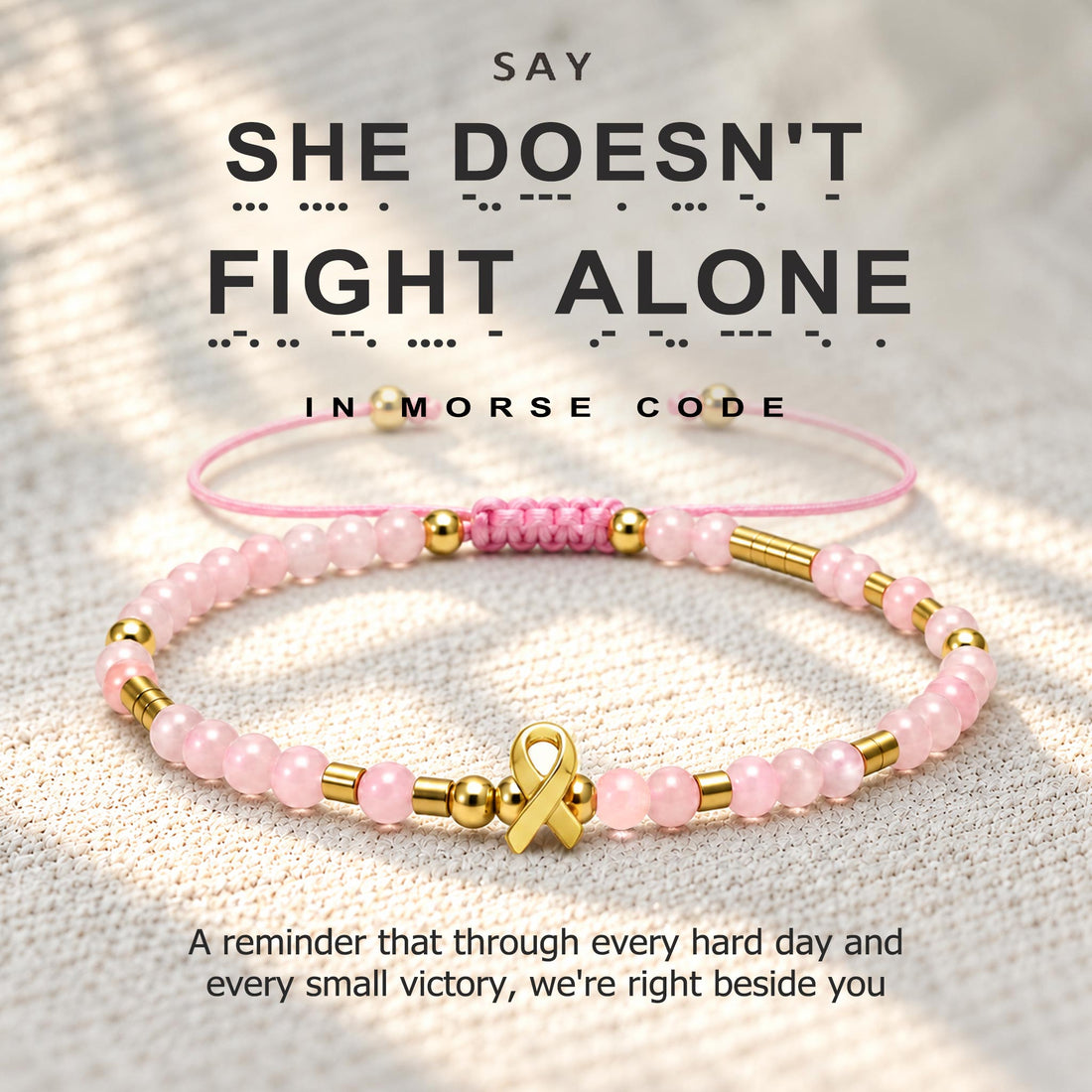 ribbon crystal morse code bracelet, breast cancer support jewelry