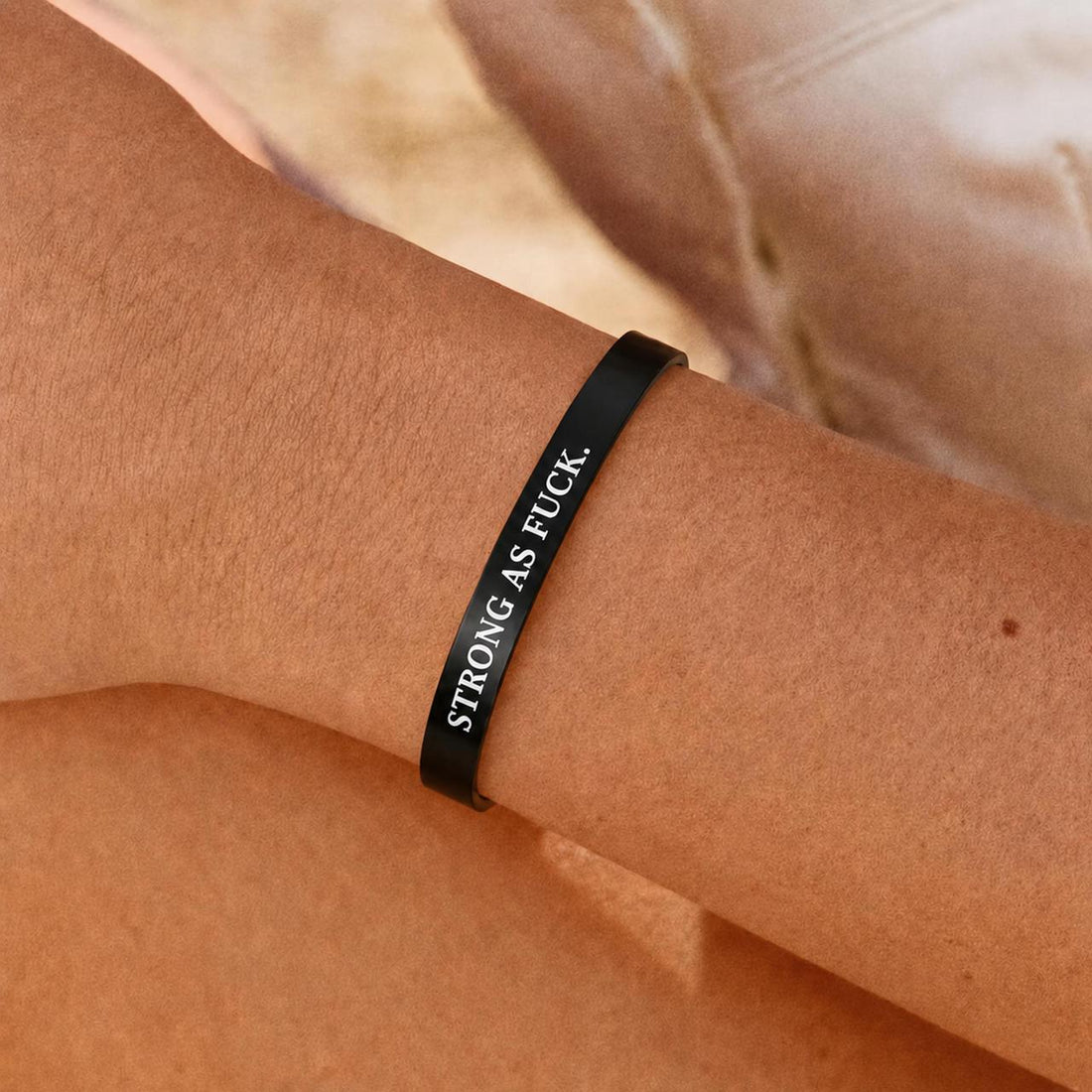 strong as fuck mantra cuff bracelet, self reminder statement bracelet