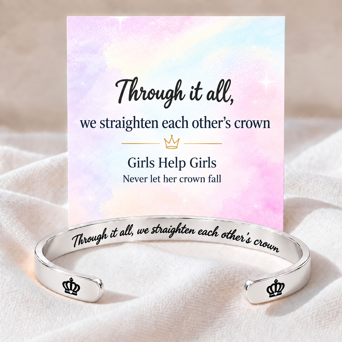 through it all crown mantra cuff bracelet, friendship support jewelry