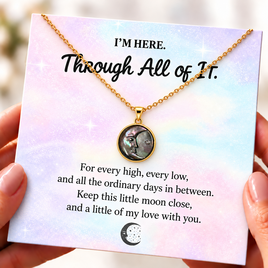 black shell moon pendant necklace, symbolic support jewelry