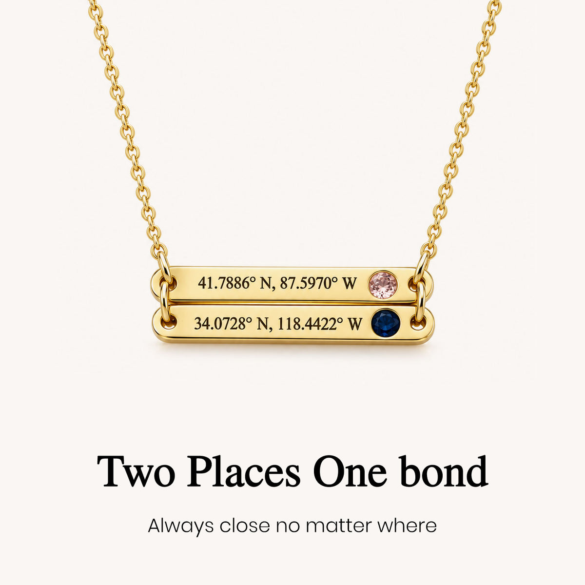 custom dual coordinates birthstone necklace, personalized location jewelry
