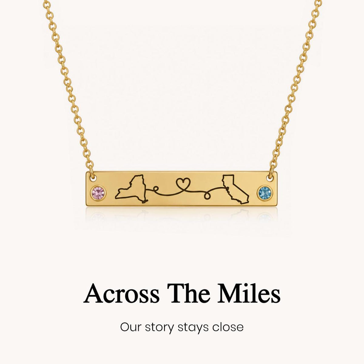 custom dual map and birthstone necklace, personalized location jewelry