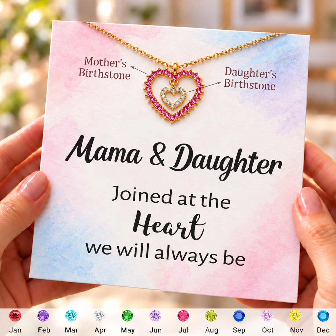 custom embedded dual heart birthstone necklace, mother daughter necklace