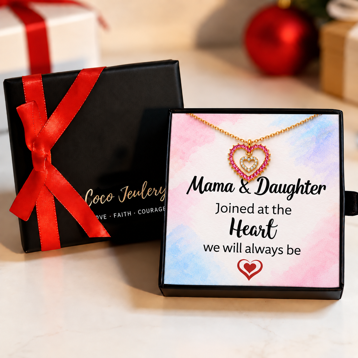 mother daughter necklace gift, custom dual heart birthstone jewelry, gift-ready