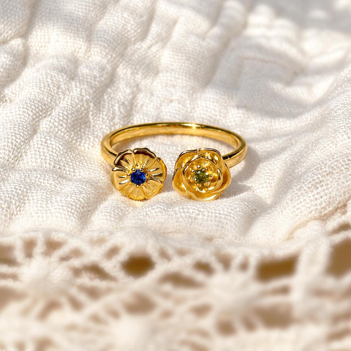 dual birthflower ring, personalized two flower ring design