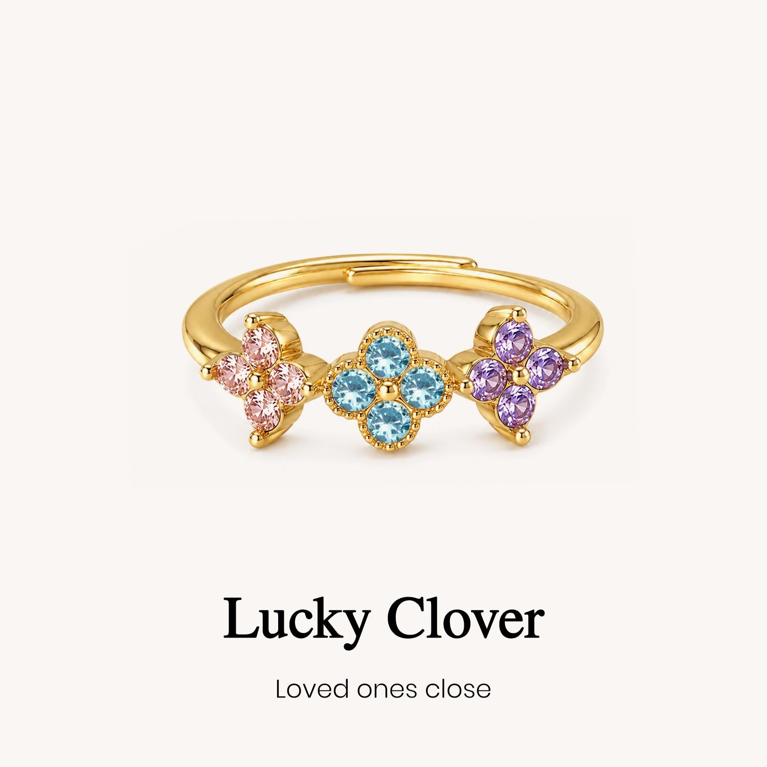 custom lucky clover multiple birthstone ring, personalized birthstone jewelry