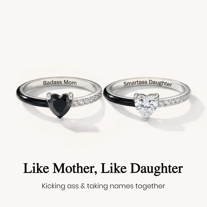 like mother like daughter matching black enamel heart rings, mom daughter matching rings