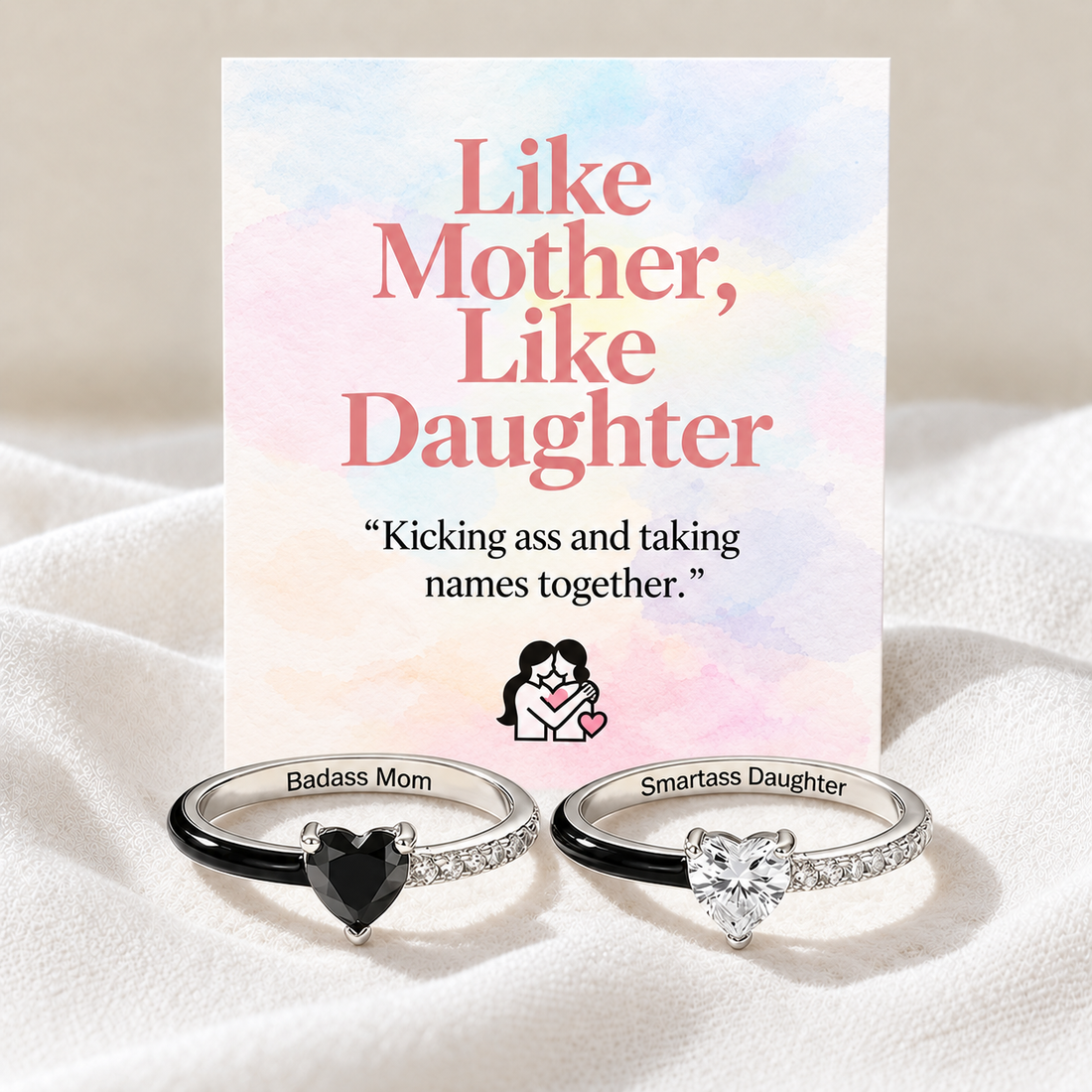like mother like daughter matching black enamel heart rings, mom daughter matching rings