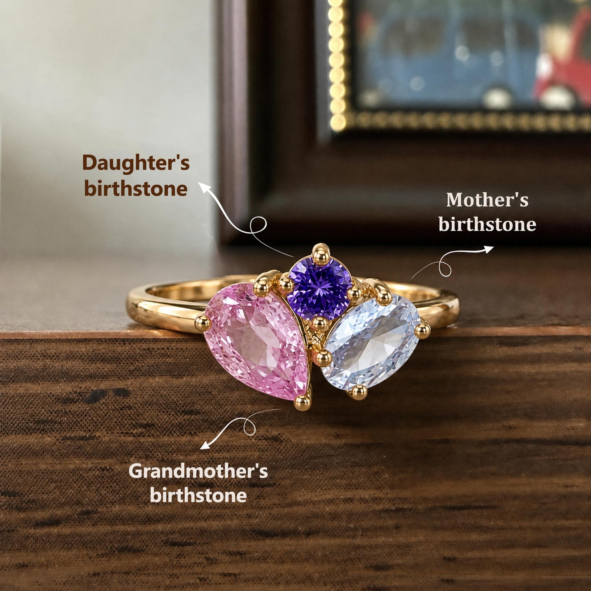 multiple birthstone generations ring detail