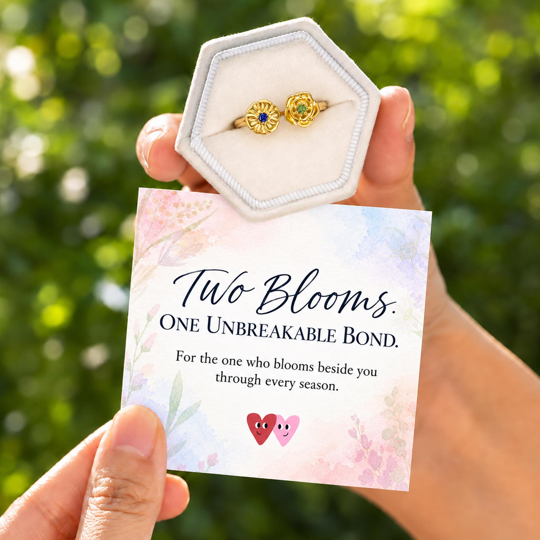 custom dual birthflower ring, two birthflower ring