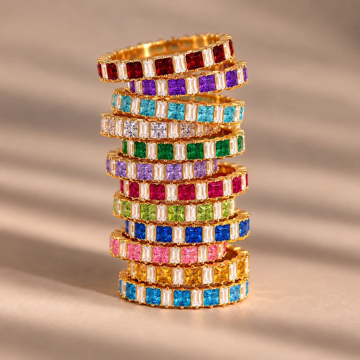 square birthstone ring, classic eternity gemstone ring design